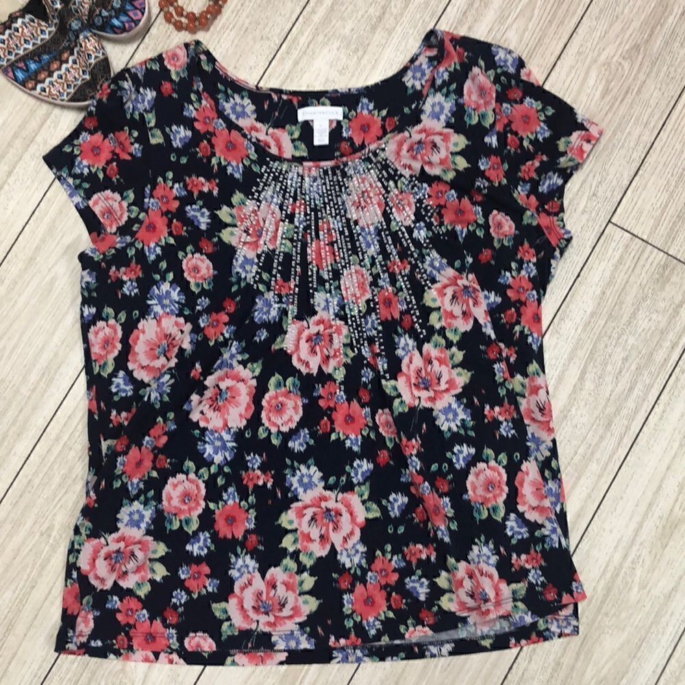 Charter Club Navy floral cap sleeve T-shirt size L